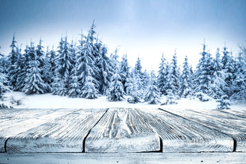 table background of free space for your decorationa and winter landscape of forest 