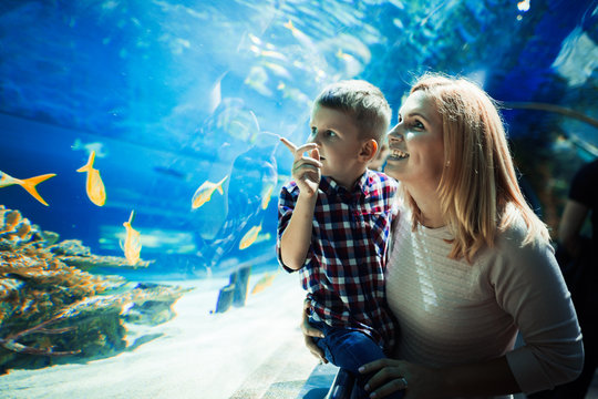 Mother and her child watching sea life
