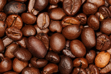 Close up of coffee beans texture background, selective focus