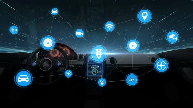 Inside of Future hybrid cars, IoT car connect traffic information graphic icon control system, Internet of things,  Global network connection, 4k animation. 2.