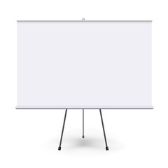 Vector realistic blank flipchart with three legs isolated on white clean background. White horizontal roll up banner for presentation, corporate training and briefing. Vector mockup.
