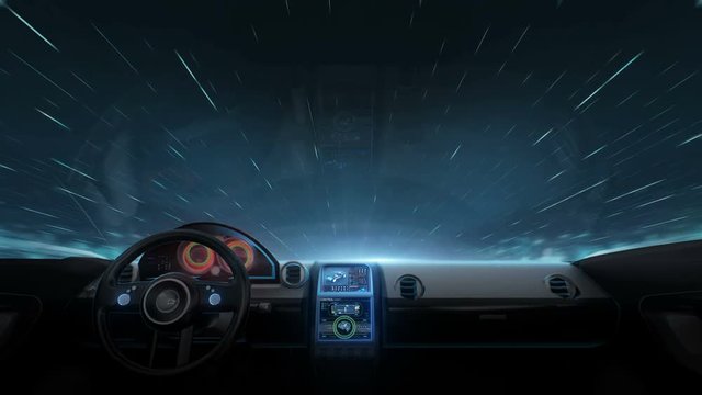 Inside of Future hybrid cars, Passing night sky 4k animation. 2.