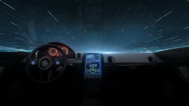Inside of Future hybrid cars, Passing night sky 4k animation. 1.
