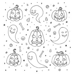 Vector Halloween set with pumpkins, ghosts with scary faces, bones, skulls and candy corn in sketch style. Hand drawn autumn holiday collection of doodles on the starry white background.