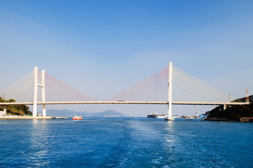 Yeosu harbor with Geobukseon or Dolsan-ro 2 bridge, South Korea