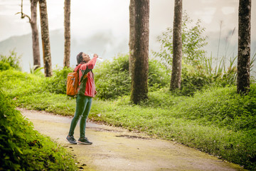 Traveler Woman backpack with water drink in Rain forest; Travel concept.