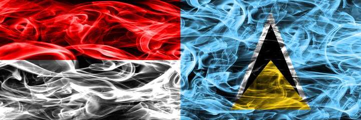Indonesia vs Saint Lucia smoke flags placed side by side. Thick colored silky smoke flags of Indonesian and Saint Lucia
