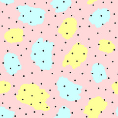 Repeated watercolour blots and irregular polka dot. Cute seamless pattern. Sketch, watercolor, paint. Pink, yellow, blue, black.
