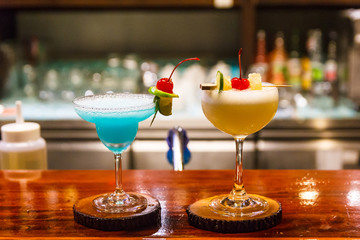 Cocktail on wooden table.