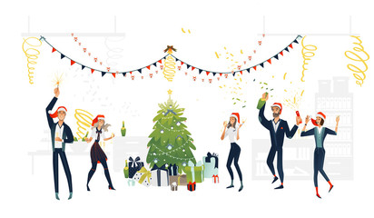 Vector cheerful young men, women at new year party in corporate clothing and merry xmas hat holding champagne glass, bottle sparkle near christmas tree present. Happy office workers manager at holiday