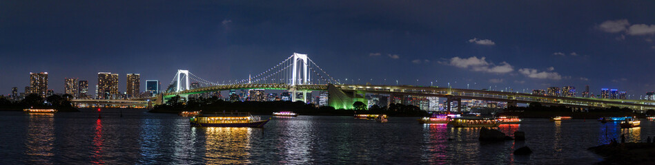 Fototapeta na wymiar Panorama view of Rainbow bridge and Tokyo Bay with cityscape at night, Odaiba, Japan