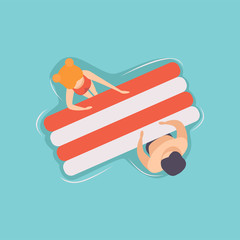 Young couple floating on air mattress in swimming pool, top view vector Illustration