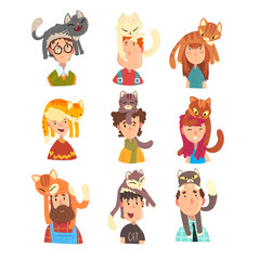 People with funny cats sitting on their heads set, adorable pets and its owners vector Illustrations on a white background
