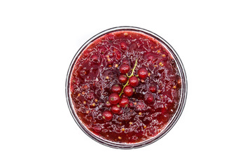 Cranberry sauce in bowl for Thanksgiving dinner isolated on white background. Top view