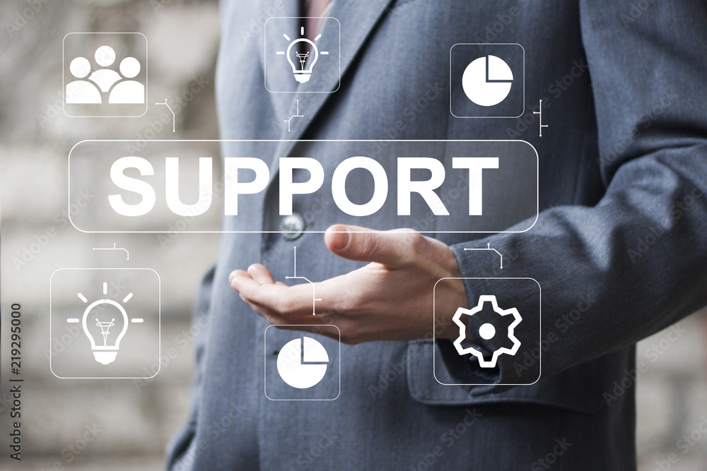 Poster businessman presses button support in network internet.