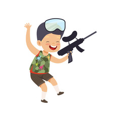 Obraz na płótnie Canvas Cute happy little boy playing paintball with gun vector Illustration on a white background