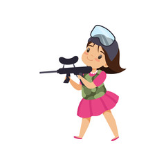 Lovely little girl playing paintball with gun vector Illustration on a white background