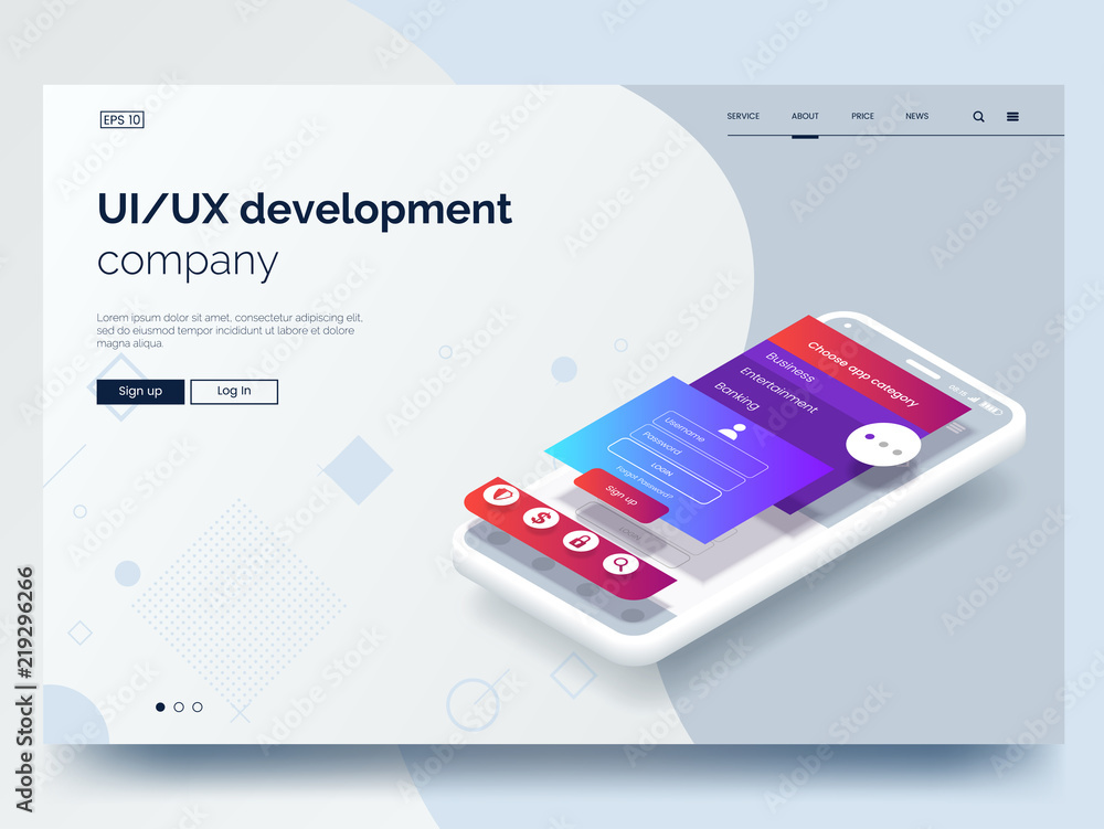 Poster Isometric conceptual mobile phone with disassembled user interface. Ui, Ux development vector illustration. Landing page concept. Mobile app wireframe. Eps 10.