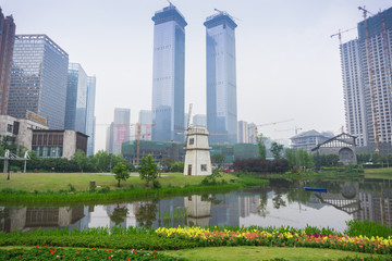 Fototapeta na wymiar Cityscape of Guiyang. The twin toweer in the Hua Guo Yuan city.