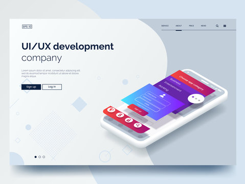 Isometric Conceptual Mobile Phone With Disassembled User Interface. Ui, Ux Development Vector Illustration. Landing Page Concept. Mobile App Wireframe. Eps 10.