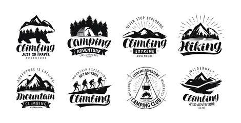Foto op Plexiglas Camping, climbing logo or label. Hiking trip, hike set of icons. Lettering vector © ~ Bitter ~