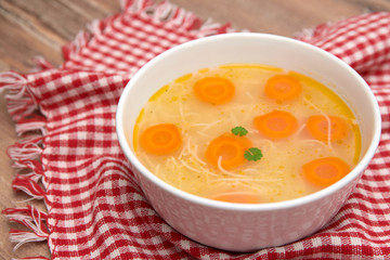 Healthy homemade chicken soup with noodles