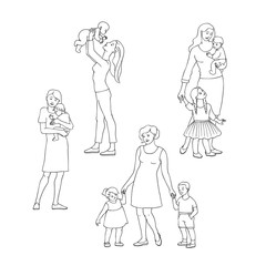 Vector happy caucasian, african mothers with kids set. Family characters, adult women with small son, daughter and baby kids standing together with smile at face. Sketch monochrome illustration