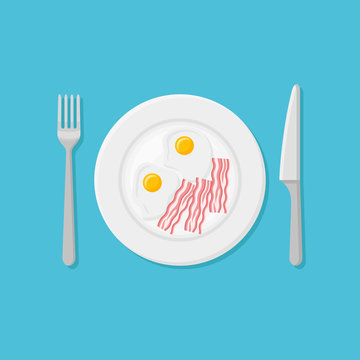 Plate with fried eggs and bacon strips isolated on blue background. Top view. Breakfast flat style vector illustration.
