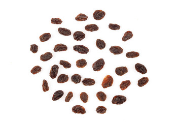 Top view of organic dried Raisins on white background, Currant