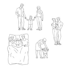 Vector family hugging set. Adult couples mother and father hug small boy, girl kids and babies. Happy male, female characters smiling standing, lying at sofa together, sketch monochrome illustration