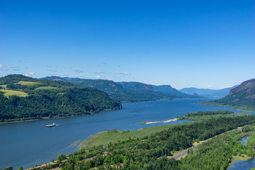 Overlook on the Columbia River gorge near Portland on a beautiful day, Oregon, historic US route 30, Vista House, USA.