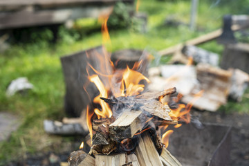 Flame of wood burning in brazier during the preparation for cooking BBQ.