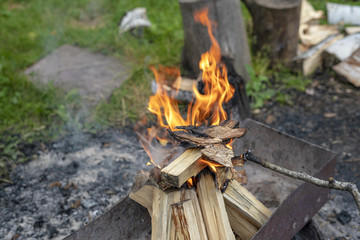 Flame of wood burning in brazier during the preparation for cooking BBQ.