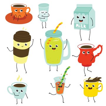 Vector cute drink characters set. Funny hot coffee and tea cups, mugs, smoothie jar with a straw, milk package having fun. Daily healthy beverages collection. Isolated illustration