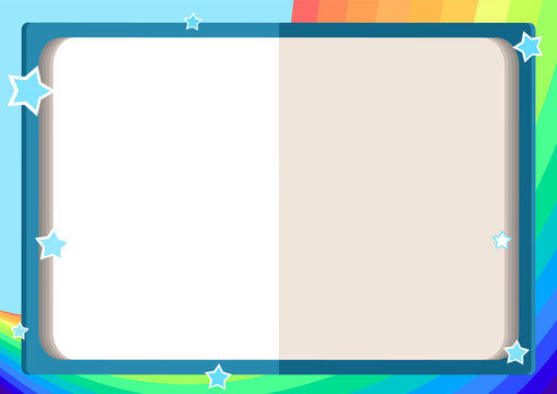 children's frame with an open book, rainbow, sky and stars in cartoon style (background for children's announcements, photos, diploma, certificate, coupon)