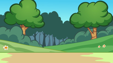 Cartoon forest background. Vector clip art illustration with simple gradients. Some elements on separate layers. 