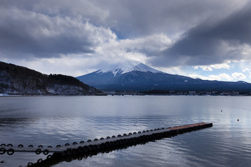 Mt. Fuji viewing from Lake Kawaguchiko in Japan during Winter.