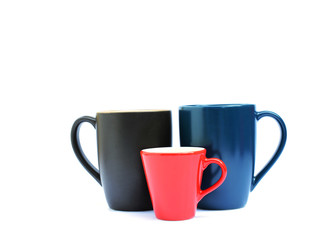 Blue, red and brown color of Tree cups on white backgrounds
