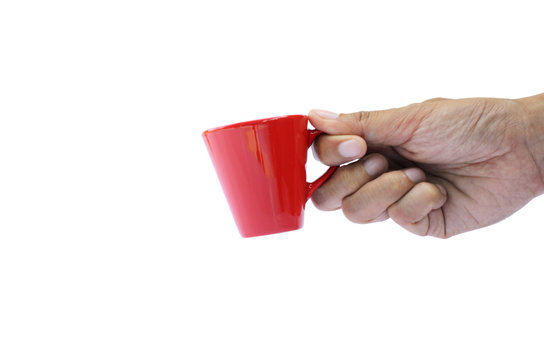 Hand holding small red cup with clipping path