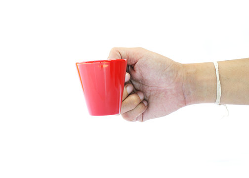 Man hand holding small coffee red cup on white backgrounds