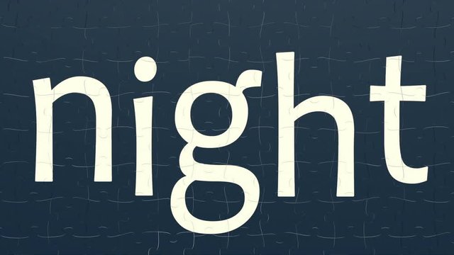 Animation of assembling jigsaw puzzles picture of word "night", 3D rendered