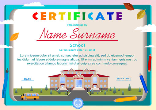 Children's certificate on the background of an open book, a school building, a bus, school supplies
