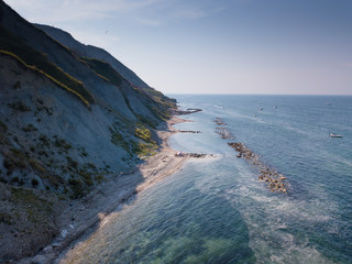Italia, Agosto 2018 - vista aerea del parco san bartolo a Pesaro, con la falesia che va a picco sul...