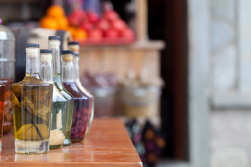 Homemade liqueur in glass bottle