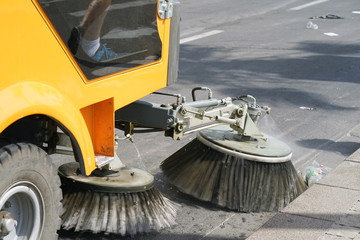 Street cleaning machine. Street sweeper machine working