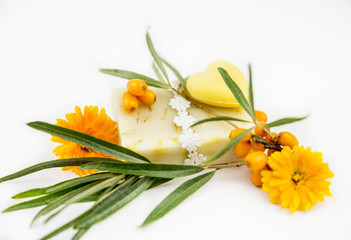 Hand made square soap with essential oils of sea buckthorn. Yellow soap with buckthorn berries, leaves, small heart shaped soap for decoration, isolated on white. Cosmetics with buckthorn concept.