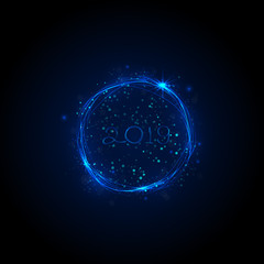 Happy New Year 2019 background.Vector illustration for holiday design.Party poster.Greeting card,banner or invitation template.Abstract burning circles with glitter swirl trail effect background.