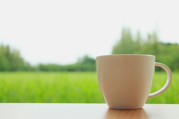 Hot coffee cup in the morning green meadow background.