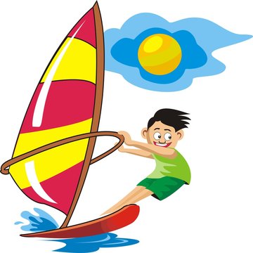 Child Windsurfing With Sun Vector Illustration