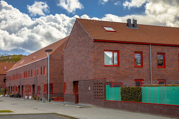 Modern neigborhood red brick row houses